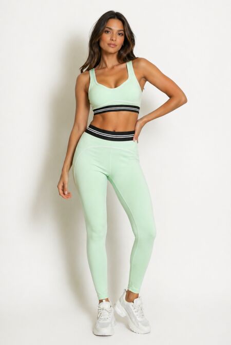 Mint Striped Band Gym Crop Top And Legging Set