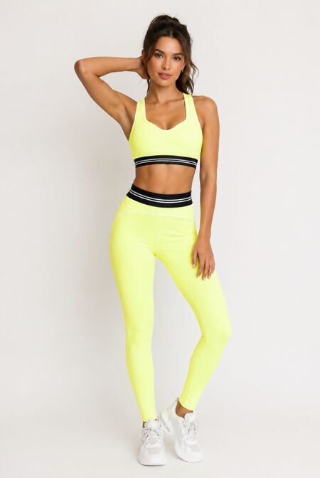 Yellow Striped Band Gym Crop Top And Legging Set