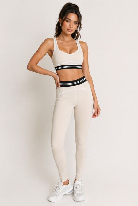 Beige Striped Band Gym Crop Top And Legging Set