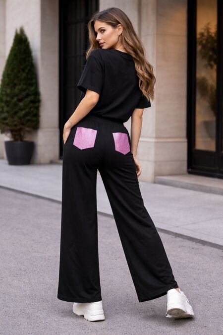 Short Sleeve Pink Glitter Pocket Design T-Shirt With Trouser