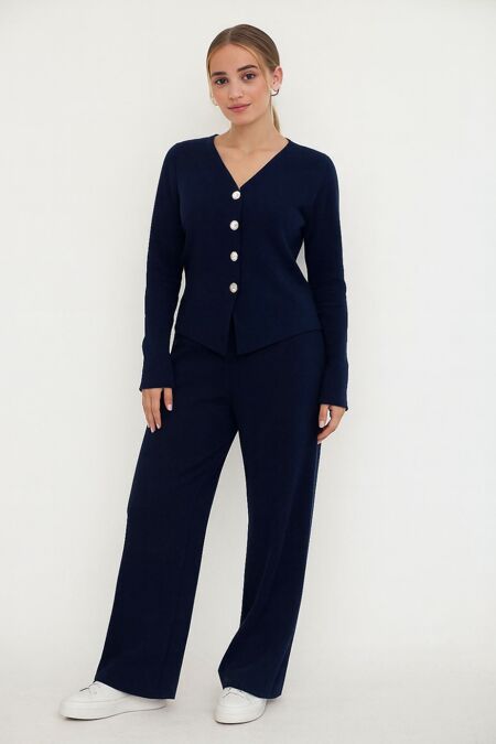 Navy Soft Ribbed Buttoned Cardigan With Wide Leg Trouser