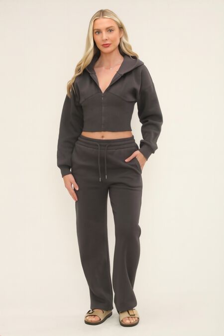 Slate Grey Ribbed Corset Fit Hoodie With Straight Leg Trouser