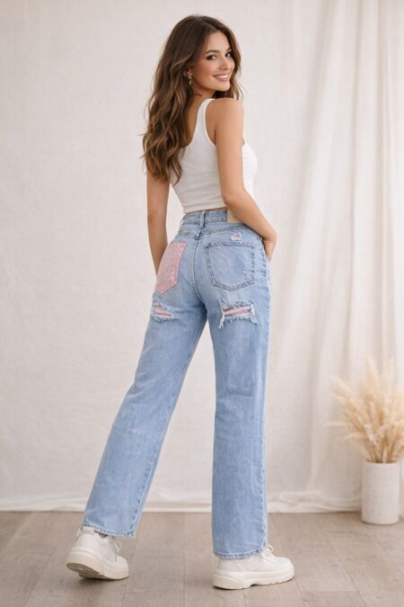 Blue Distressed Denim With Rhinestone Back Pocket Jean
