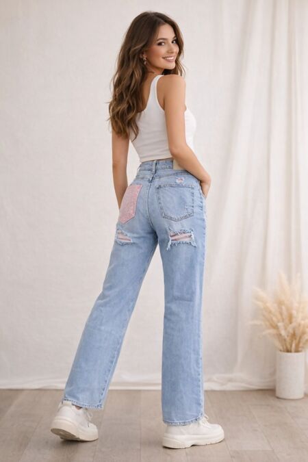 Blue Distressed Denim With Rhinestone Back Pocket Jean Pre Order