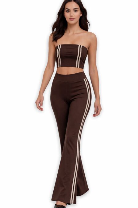 Brown Strapless Cropped Top With Side Striped Flare Trouser