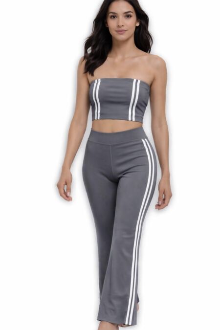 Grey Strapless Cropped Top With Side Striped Flare Trouser