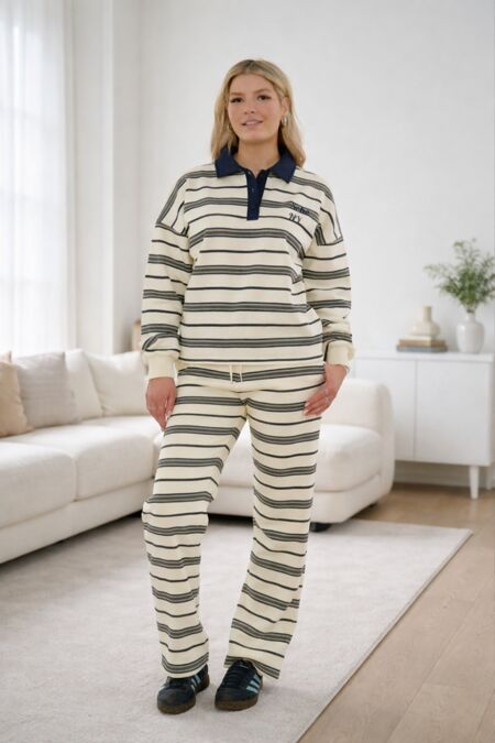 Navy Striped Rugby Collar SOHO Printed Sweatshirt With Trouser
