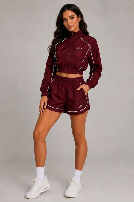 Wine Cropped Zip-Up Track Printed Jacket And Running Shorts