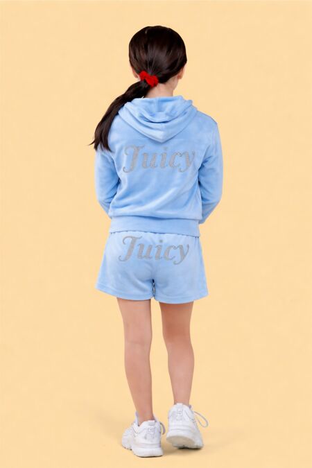 Kids Diamante Studded Print Velour Hooded Short Set