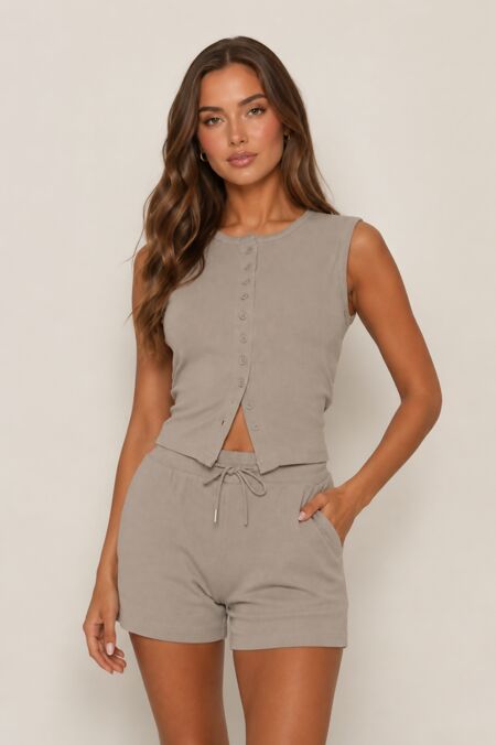 Dove Grey Sleeveless Soft Rib Buttoned Crop Top And Shorts Set