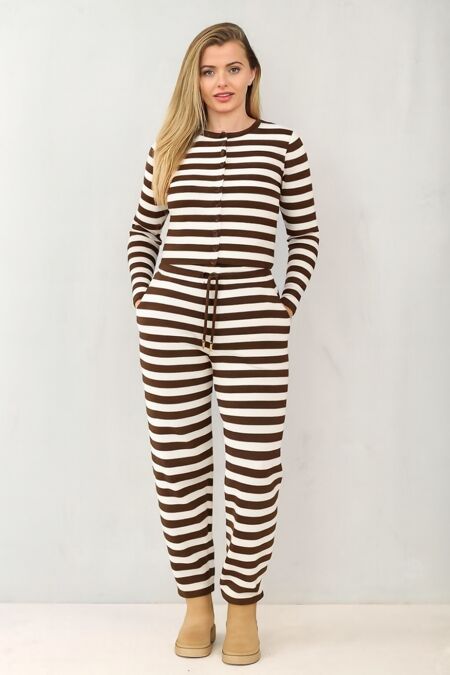Brown Contrast Striped Molly Button Top and Wide Leg Trousers