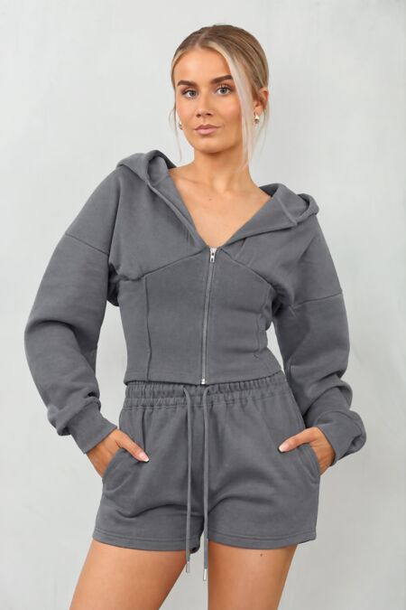 Slate Grey Ribbed Corset Fit Hooded Short Set