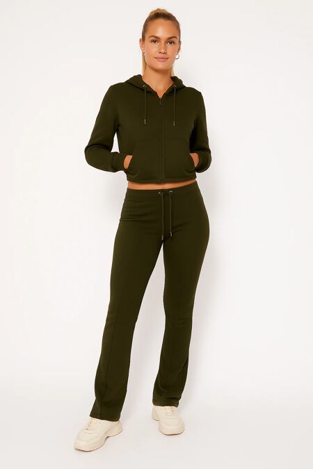 Khaki Cropped Zipped Hoodie With Bell Bottom Trouser