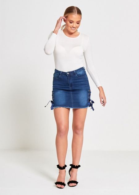 Denim Eyelet Ribbon Petite Hem Mini Skirt