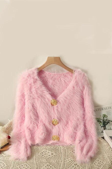 Gold Button Fuzzy Knit Cardigan