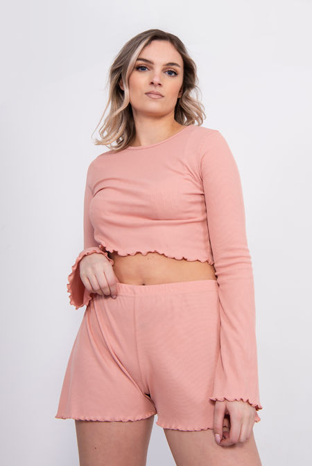 Dusty Pink Ribbed Ruffle Lounge Shorts Set