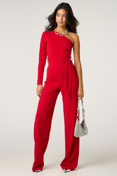 Red One Shoulder Long Sleeve Jumpsuit