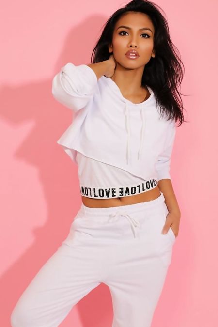 White Love Top Crop Hoodie And Jogger 3 Piece Set