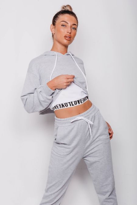 Grey Love Top Crop Hoodie And Jogger 3 Piece Set