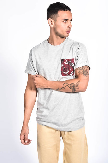 Grey Floral Woven Pocket Tee