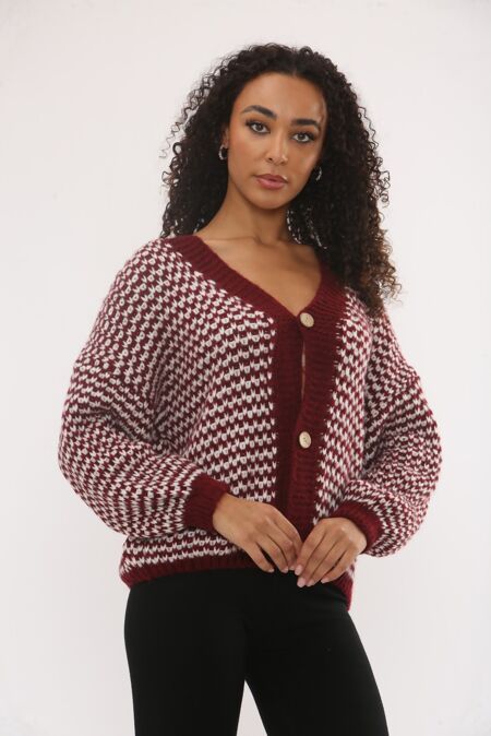 Chunky Knit Button Down Patterned V-Neck Cardigan