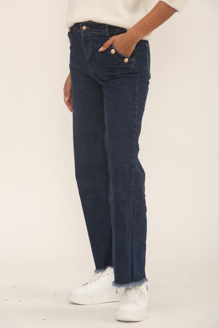 Dark Blue Gold Button With Raw Hem Jeans