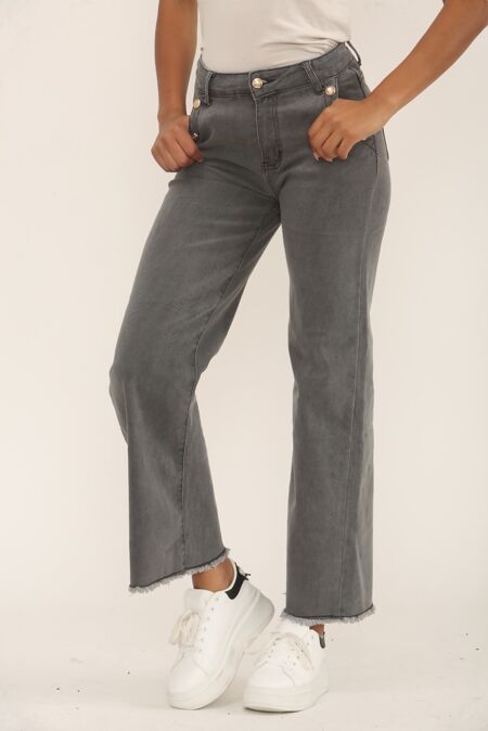 Grey Gold Button With Raw Hem Jeans
