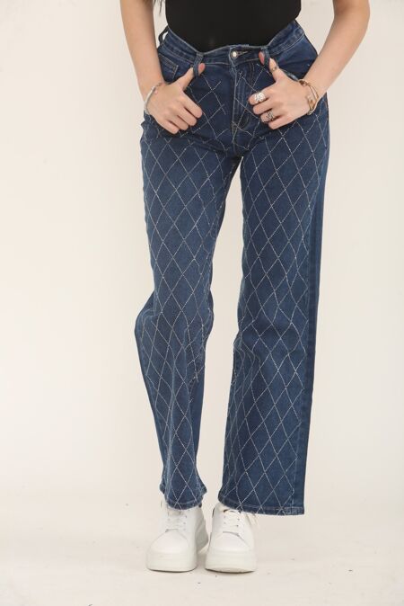 Blue Wide Leg Diamond Pattern Glitter Jeans