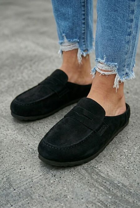 Black Loafer Suede Mule Loafer Slip-On Comfort Flats