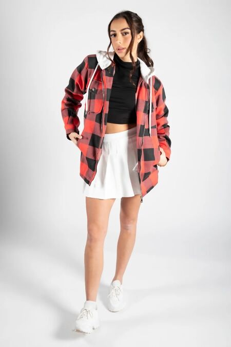 Red Check Shacket With Hood
