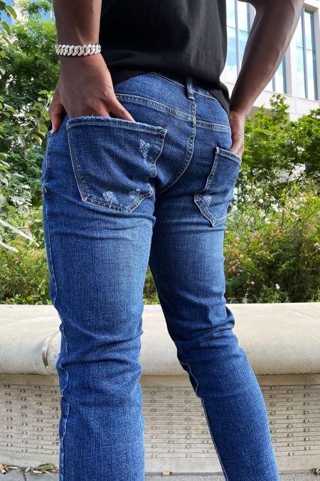 Mid Blue Wash Skinny Knee Patched Jeans