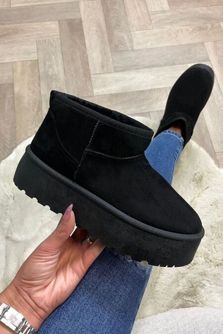 Black Ultra Mini Platform Faux Fur Lined Ankle Boots