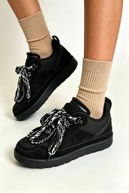 Black Suede Faux Fur Lined Lace-up Low Top Trainers