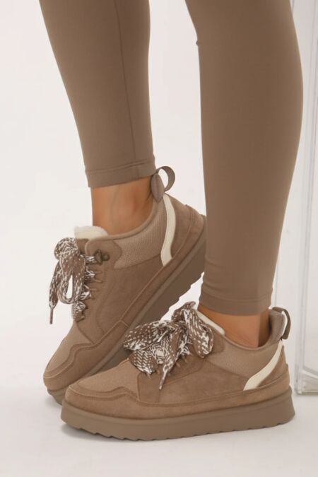 Camel Suede Faux Fur Lined Lace-up Low Top Trainers