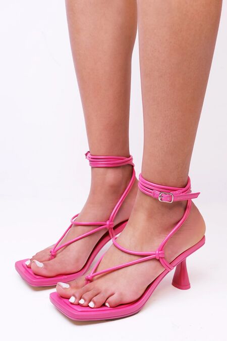Fuchsia PU Strappy Mid High Heels With Leg Tie Detail