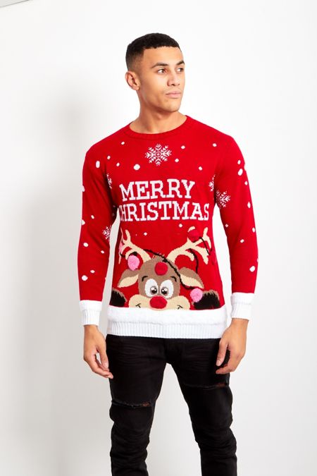 Red Pom Reindeer Merry Christmas Jumper 