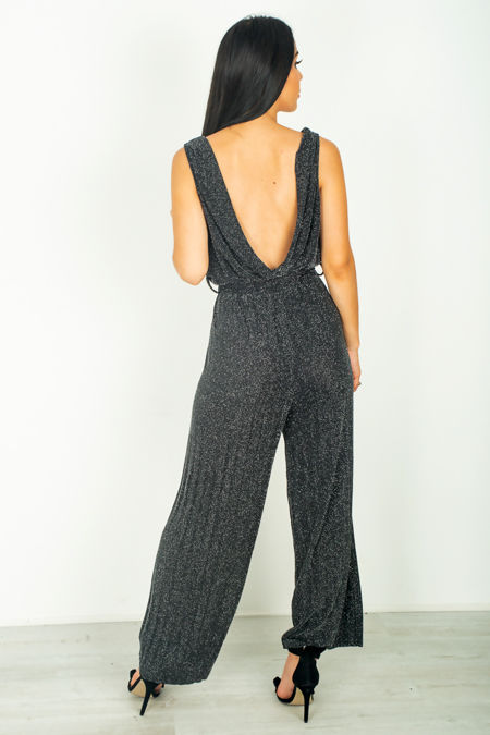 Silver Glitter Plunge Neck Jumpsuit 