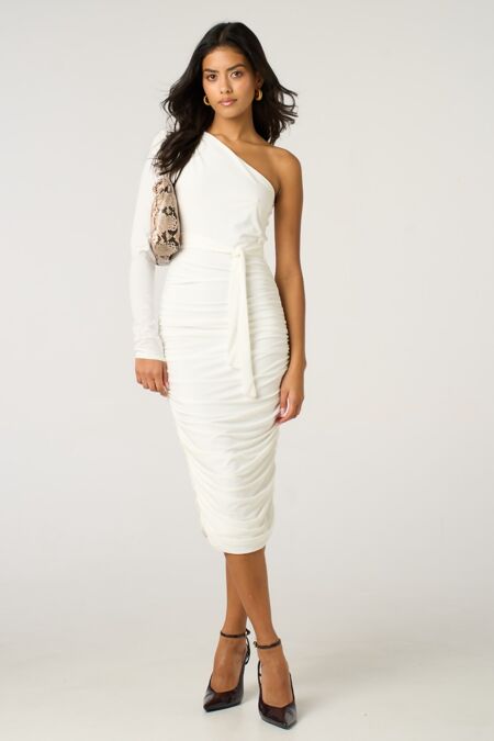 White Ruched One Sleeve Bodycon Dress