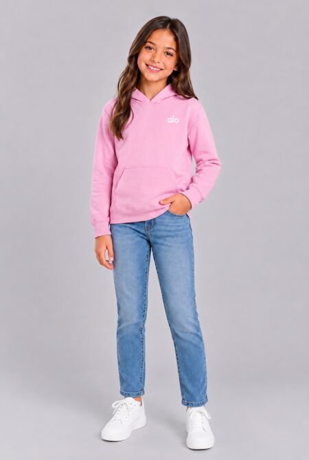 Pink Kids Casual Fleece Printed Pullover Hoodie