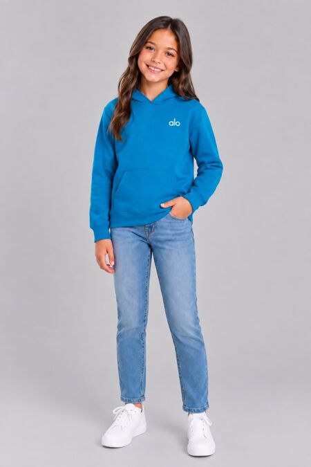 Blue Kids Casual Fleece Printed Pullover Hoodie