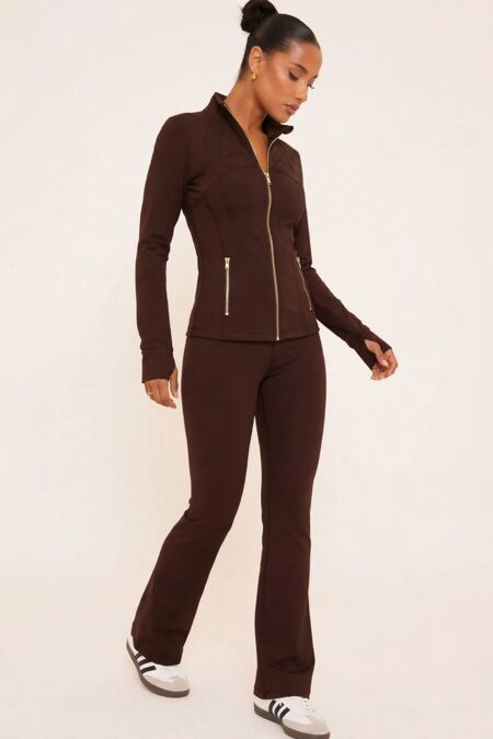 Brown Sculpted Zip-Up Jacket & Flare Leggings Set