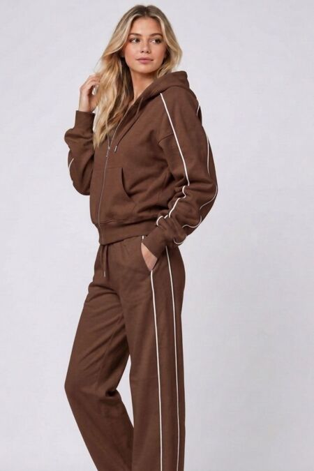 Hooded Elastic Cropped Zip-Up & Side-Stripe Jogger Tracksuit Set