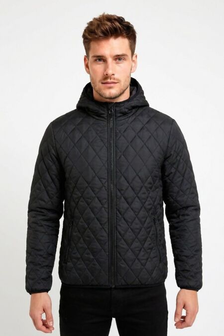 Black Diamond-Quilted Hooded Jacket