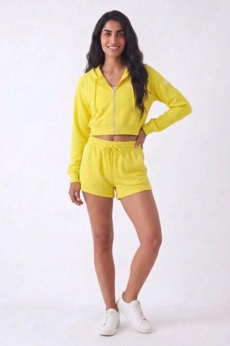 Yellow Contrast Piping Printed Zip Up Hoodie With Short Set