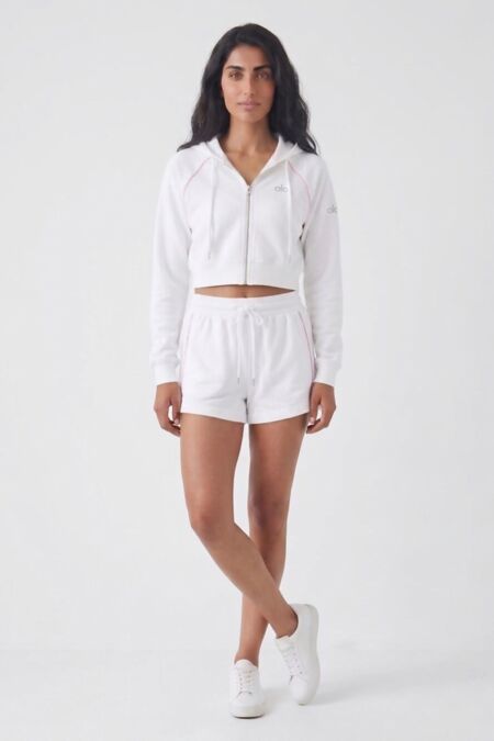 White Contrast Piping Printed Zip Up Hoodie With Short Set