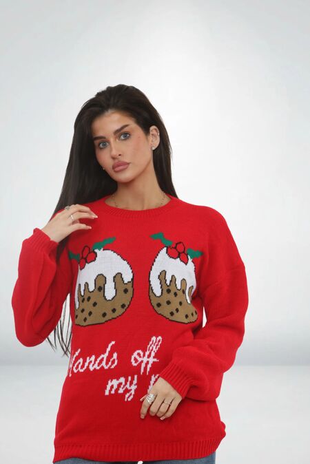 Red Funny Festive Hands Off My Puds Christmas Jumper