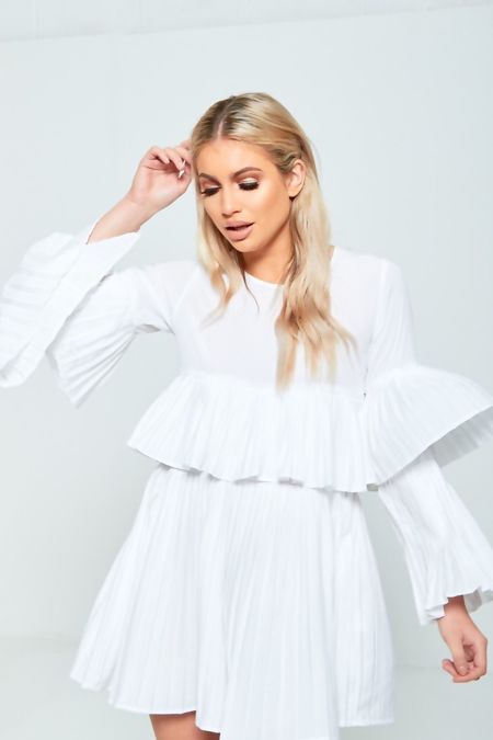 White Pleated Ruffle Mini Dress