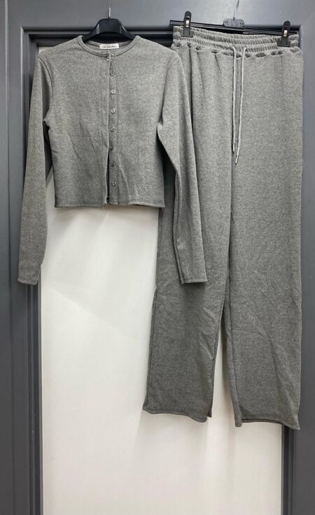 Ribbed Molly Button Through Top And Wide Leg Trousers With String