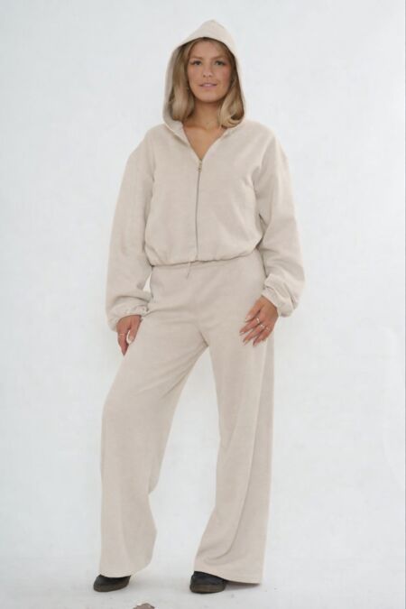Oatmeal Bubble Hem Zip Up Hoodie With Relaxed Trouser