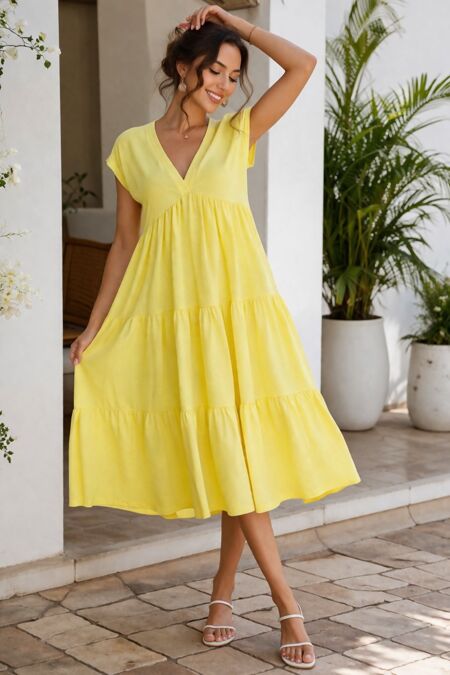 Short Sleeve Relaxed Fit V-Neck Tiered Maxi Dress